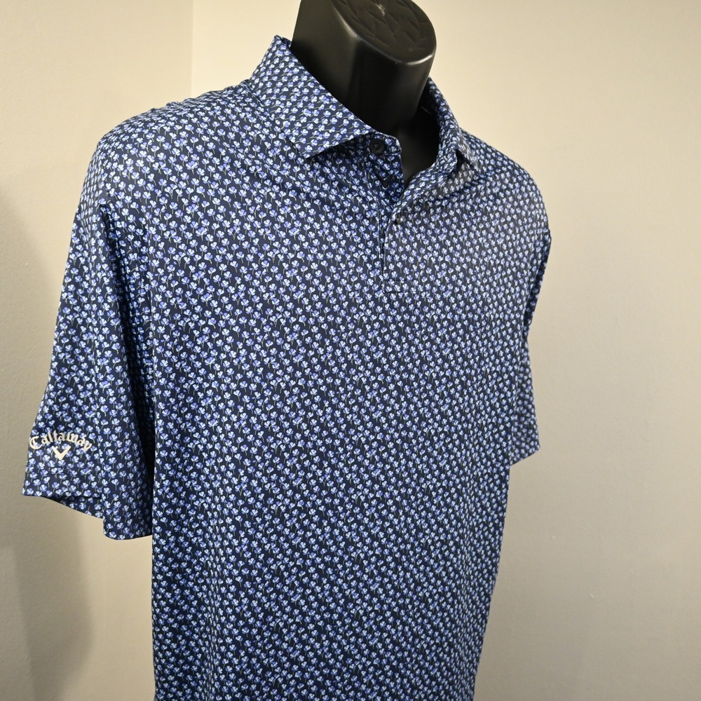 Callaway Polo Shirt Men XLT Blue Floral Print Short Sleeve Swing Tech Opti-Dri